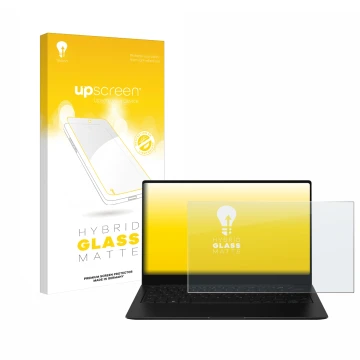 Face avant d’un emballage produit avec le logo de la marque upscreen. À côté, l’appareil Samsung Galaxy Book2 Pro 13.3