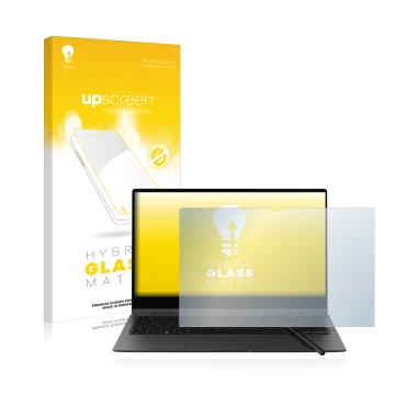 Face avant d’un emballage produit avec le logo de la marque upscreen. À côté, l’appareil Samsung Galaxy Book2 Pro 360 13.3