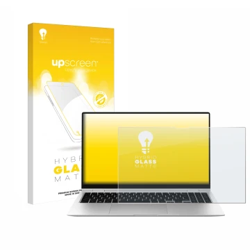 Face avant d’un emballage produit avec le logo de la marque upscreen. À côté, l’appareil Samsung Galaxy Book2 Pro 360 15.6