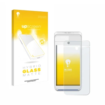 Face avant d’un emballage produit avec le logo de la marque upscreen. À côté, l’appareil Pax A920 est représenté avec la prote