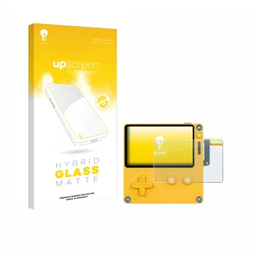 Face avant d’un emballage produit avec le logo de la marque upscreen. À côté, l’appareil Panic Playdate est représenté avec la