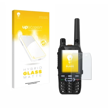 Face avant d’un emballage produit avec le logo de la marque upscreen. À côté, l’appareil Motorola MXP600 est représenté avec l