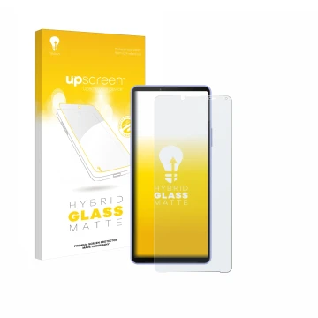 Face avant d’un emballage produit avec le logo de la marque upscreen. À côté, l’appareil Sony Xperia 10 IV est représenté avec