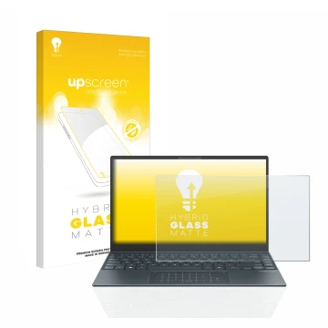 Face avant d’un emballage produit avec le logo de la marque upscreen. À côté, l’appareil ASUS ZenBook 13 OLED est représenté a