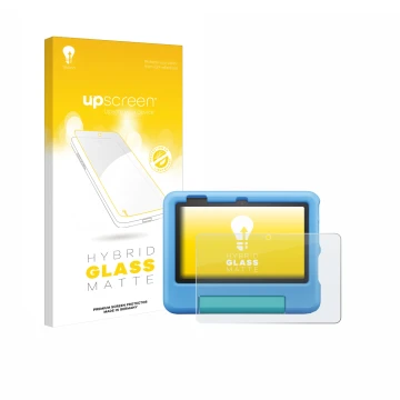 Face avant d’un emballage produit avec le logo de la marque upscreen. À côté, l’appareil Amazon Fire 7 Kids 2022 est représent