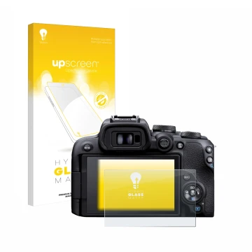 Face avant d’un emballage produit avec le logo de la marque upscreen. À côté, l’appareil Canon EOS R10 est représenté avec la 