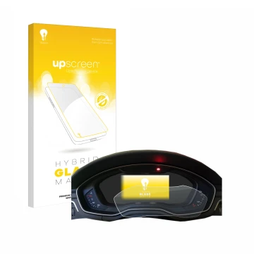 Face avant d’un emballage produit avec le logo de la marque upscreen. À côté, l’appareil Audi A4 B9 2017 Virtual Cockpit est r