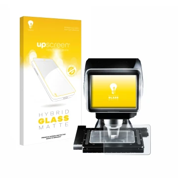 Face avant d’un emballage produit avec le logo de la marque upscreen. À côté, l’appareil Keyence LM-1100 Dessus en verre est r