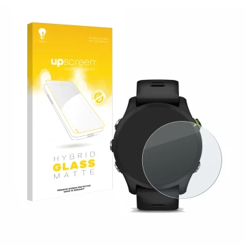 Face avant d’un emballage produit avec le logo de la marque upscreen. À côté, l’appareil Garmin Forerunner 255 est représenté 