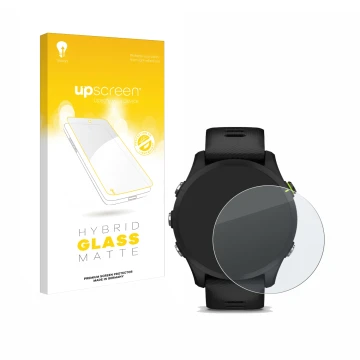 Face avant d’un emballage produit avec le logo de la marque upscreen. À côté, l’appareil Garmin Forerunner 255 Music est repré