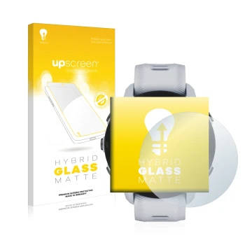 Face avant d’un emballage produit avec le logo de la marque upscreen. À côté, l’appareil Garmin Forerunner 955 Solar est repré