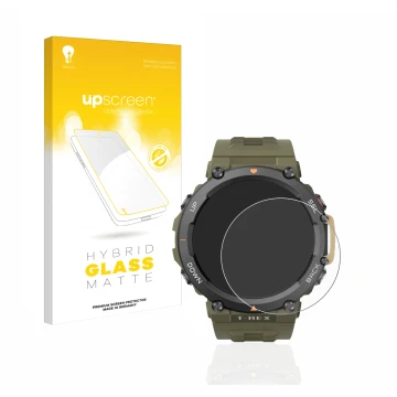Face avant d’un emballage produit avec le logo de la marque upscreen. À côté, l’appareil Huami Amazfit T-Rex 2 est représenté 