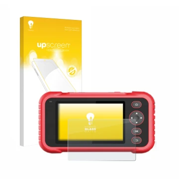 Face avant d’un emballage produit avec le logo de la marque upscreen. À côté, l’appareil Launch CRP 123 / 129 EVO est représen