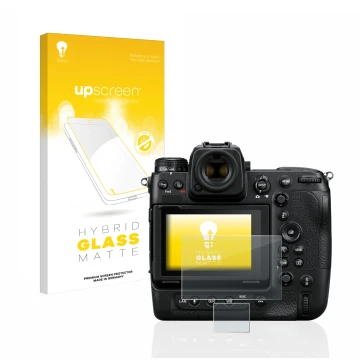 Face avant d’un emballage produit avec le logo de la marque upscreen. À côté, l’appareil Nikon Z 9 (Affichage + affichage des 
