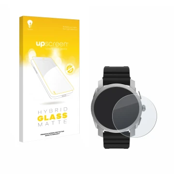 Face avant d’un emballage produit avec le logo de la marque upscreen. À côté, l’appareil Fossil Gen 6 Hybrid Machine (45mm) es