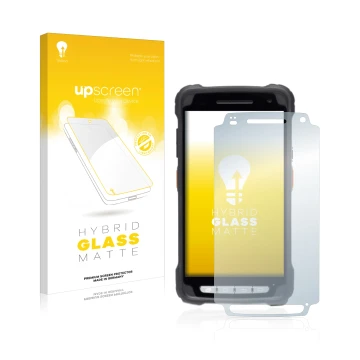 Face avant d’un emballage produit avec le logo de la marque upscreen. À côté, l’appareil Janam XT3 est représenté avec la prot