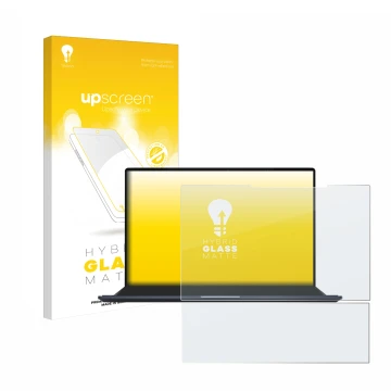 Face avant d’un emballage produit avec le logo de la marque upscreen. À côté, l’appareil ASUS ZenBook Pro 14 Duo OLED UX8402 e