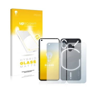 Face avant d’un emballage produit avec le logo de la marque upscreen. À côté, l’appareil Nothing Phone (1) (Avant+Arrière) est