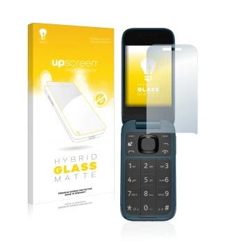 Face avant d’un emballage produit avec le logo de la marque upscreen. À côté, l’appareil Nokia 2660 Flip est représenté avec l