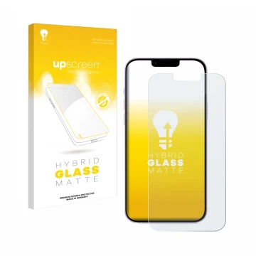 Face avant d’un emballage produit avec le logo de la marque upscreen. À côté, l’appareil Apple iPhone 14 Plus est représenté a