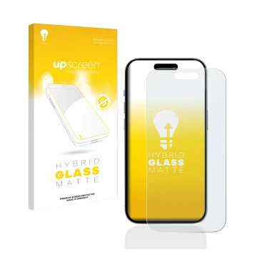 Face avant d’un emballage produit avec le logo de la marque upscreen. À côté, l’appareil Apple iPhone 14 Pro est représenté av
