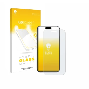 Face avant d’un emballage produit avec le logo de la marque upscreen. À côté, l’appareil Apple iPhone 14 Pro Max est représent