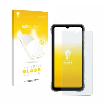 Face avant d’un emballage produit avec le logo de la marque upscreen. À côté, l’appareil Umidigi Bison X10 est représenté avec