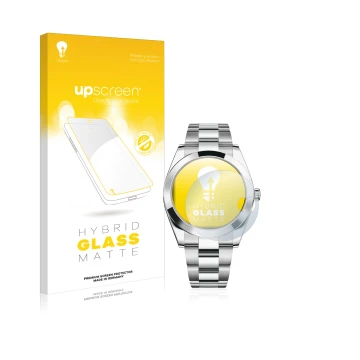 Face avant d’un emballage produit avec le logo de la marque upscreen. À côté, l’appareil Rolex Datejust 41 est représenté avec