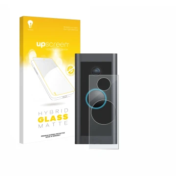 Face avant d’un emballage produit avec le logo de la marque upscreen. À côté, l’appareil Ring Video Doorbell Wired est représe