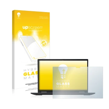 Face avant d’un emballage produit avec le logo de la marque upscreen. À côté, l’appareil Lenovo ThinkPad X13 Yoga Gen 3 est re