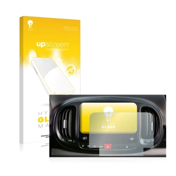 Face avant d’un emballage produit avec le logo de la marque upscreen. À côté, l’appareil Fiat 500L 2022 Uconnect 7