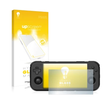 Face avant d’un emballage produit avec le logo de la marque upscreen. À côté, l’appareil Retroid Pocket 3 est représenté avec 