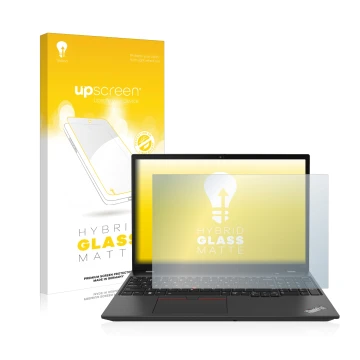 Face avant d’un emballage produit avec le logo de la marque upscreen. À côté, l’appareil Lenovo ThinkPad T16 Gen 1 16