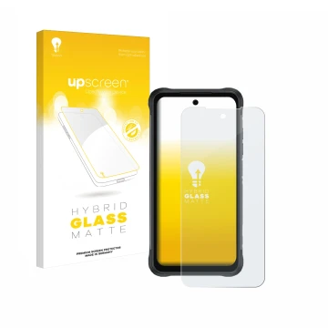 Face avant d’un emballage produit avec le logo de la marque upscreen. À côté, l’appareil Umidigi Bison 2 est représenté avec l