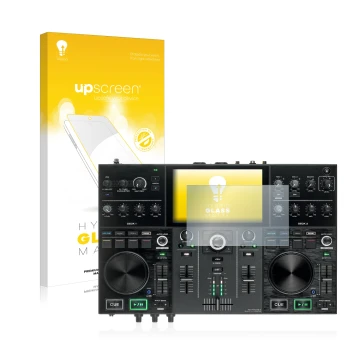 Face avant d’un emballage produit avec le logo de la marque upscreen. À côté, l’appareil Denon DJ Prime Go est représenté avec