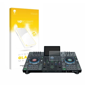 Face avant d’un emballage produit avec le logo de la marque upscreen. À côté, l’appareil Denon DJ Prime 4 est représenté avec 