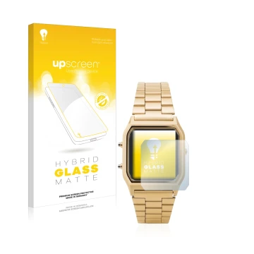 Face avant d’un emballage produit avec le logo de la marque upscreen. À côté, l’appareil Casio AQ-230GA est représenté avec la