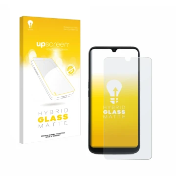 Face avant d’un emballage produit avec le logo de la marque upscreen. À côté, l’appareil Doro 8100 est représenté avec la prot