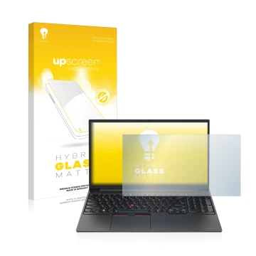Face avant d’un emballage produit avec le logo de la marque upscreen. À côté, l’appareil Lenovo ThinkPad E15 Gen 4 est représe