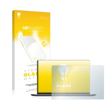 Face avant d’un emballage produit avec le logo de la marque upscreen. À côté, l’appareil Apple MacBook Pro 13