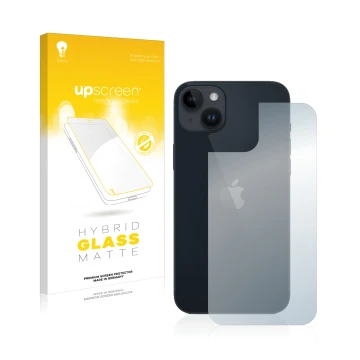 Face avant d’un emballage produit avec le logo de la marque upscreen. À côté, l’appareil Apple iPhone 14 Plus (Arrière) est re
