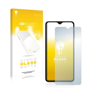 Face avant d’un emballage produit avec le logo de la marque upscreen. À côté, l’appareil Samsung Galaxy A04s est représenté av