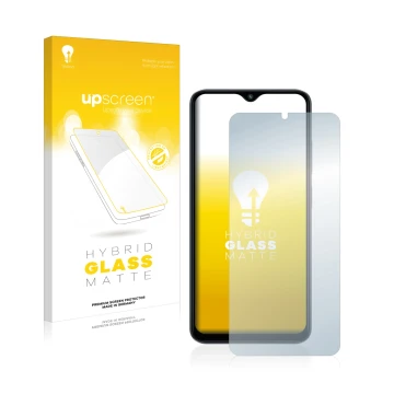 Face avant d’un emballage produit avec le logo de la marque upscreen. À côté, l’appareil Xiaomi Poco M5 est représenté avec la