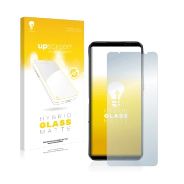 Face avant d’un emballage produit avec le logo de la marque upscreen. À côté, l’appareil ASUS ROG Phone 6D Ultimate est représ