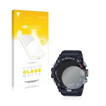 Face avant d’un emballage produit avec le logo de la marque upscreen. À côté, l’appareil Casio G-Shock Mudmaster GG-B100-1AER 