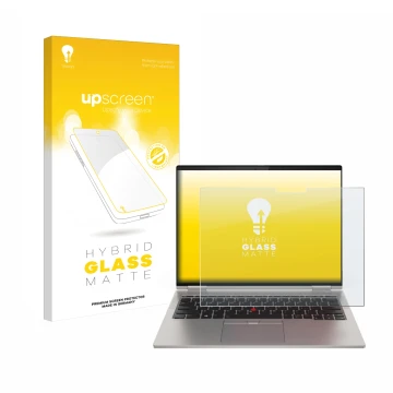Face avant d’un emballage produit avec le logo de la marque upscreen. À côté, l’appareil Lenovo ThinkPad X1 Titanium Yoga Gen 