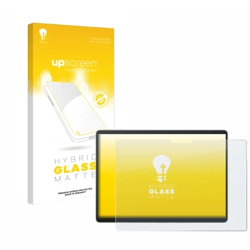 Face avant d’un emballage produit avec le logo de la marque upscreen. À côté, l’appareil Microsoft Surface Pro 9 est représent