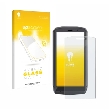 Face avant d’un emballage produit avec le logo de la marque upscreen. À côté, l’appareil Cubot Pocket est représenté avec la p