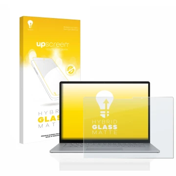 Face avant d’un emballage produit avec le logo de la marque upscreen. À côté, l’appareil Microsoft Surface Laptop 5 13.5