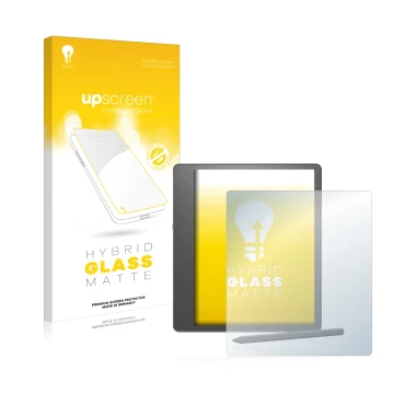 Face avant d’un emballage produit avec le logo de la marque upscreen. À côté, l’appareil Amazon Kindle Scribe est représenté a